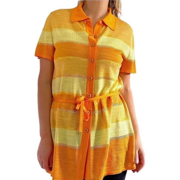 Vtg Escada Margaretha Ley Orange Yellow Stripe Knit Button Up Top Sz EU 34 US S - Picture 2 of 14